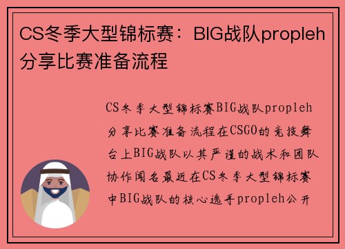 CS冬季大型锦标赛：BIG战队propleh分享比赛准备流程